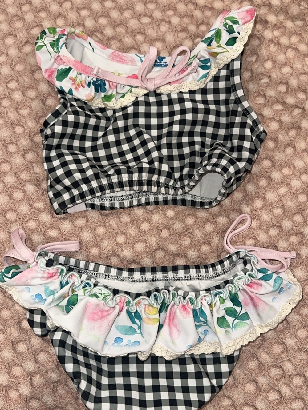 SweetHoney Black & White Gingham Kids Bikini with Pink Floral Ruffle